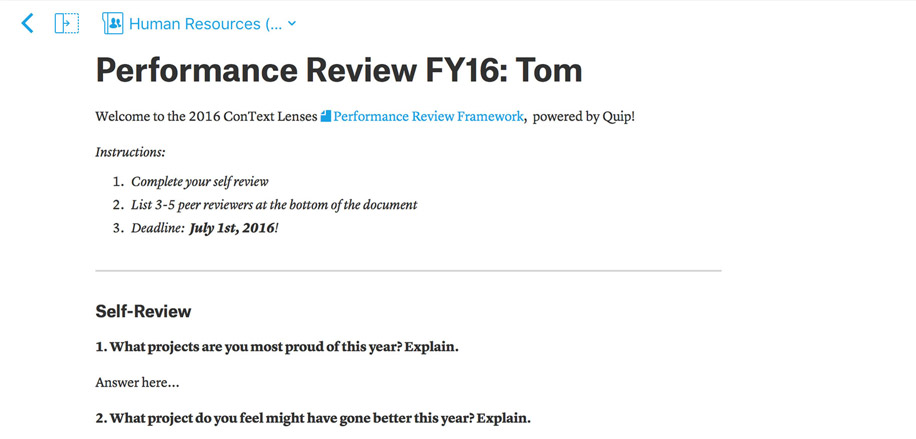 Complete performance reviews in Quip