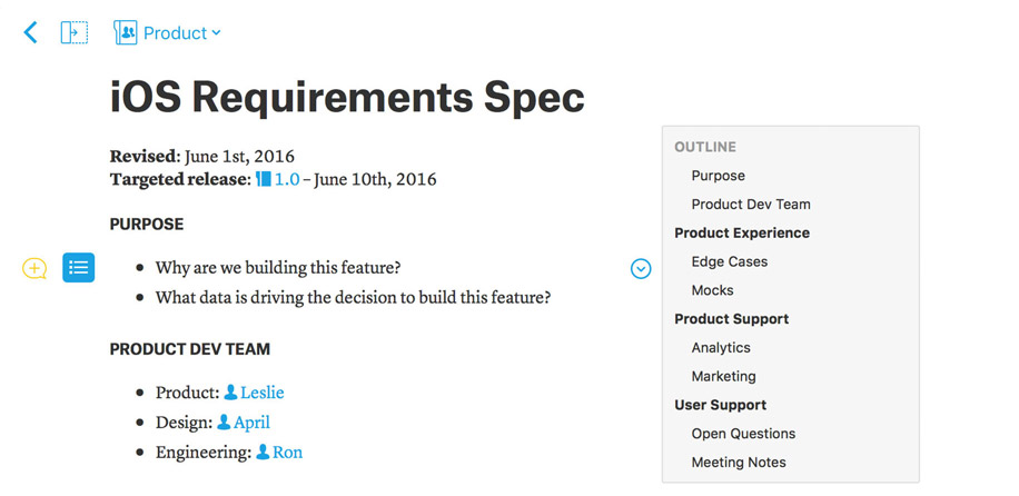 Define product requirements in Quip
