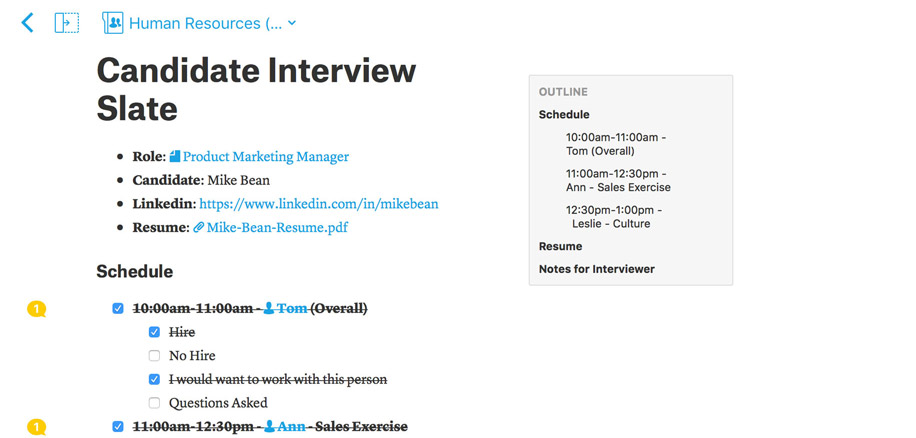 Share interview notes in Quip