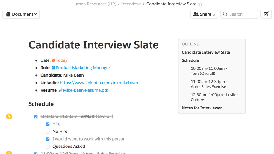 Share interview notes in Quip