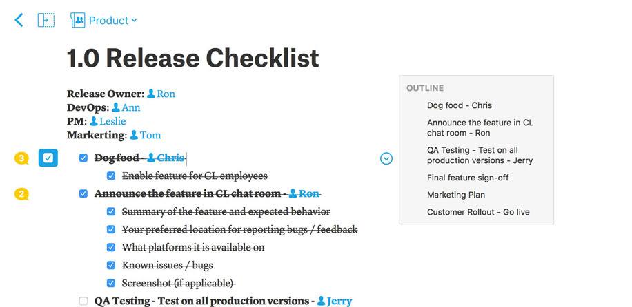 Create release checklists in Quip