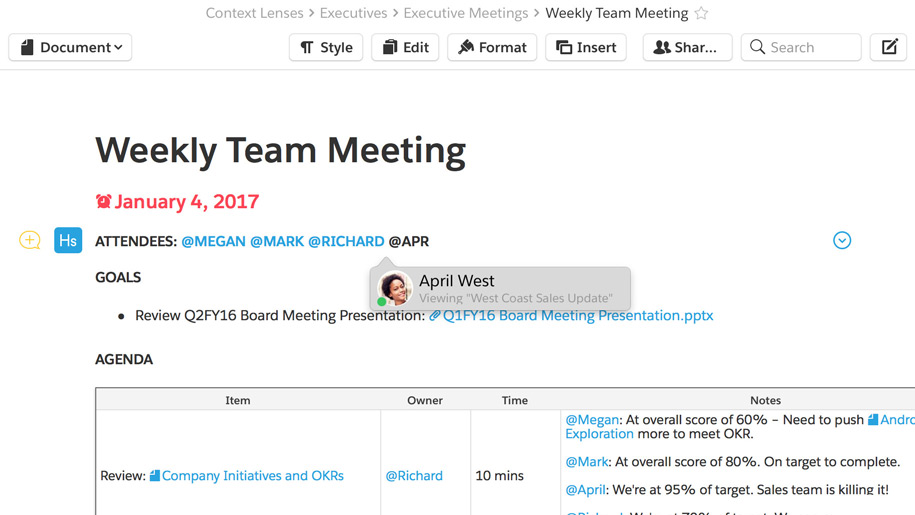 Share meeting notes in Quip 