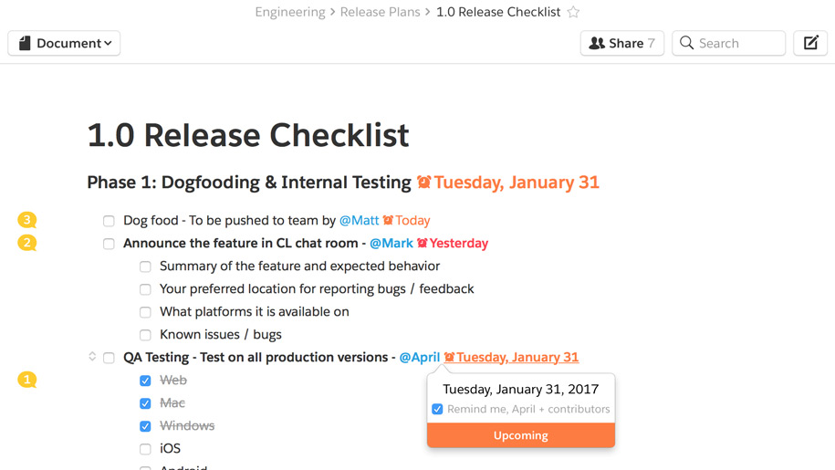 Create release checklists in Quip