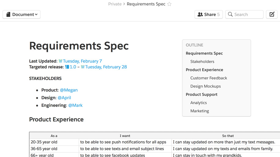 Define product requirements in Quip