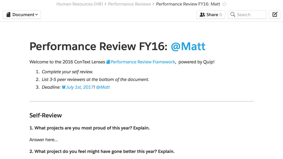 Complete performance reviews in Quip