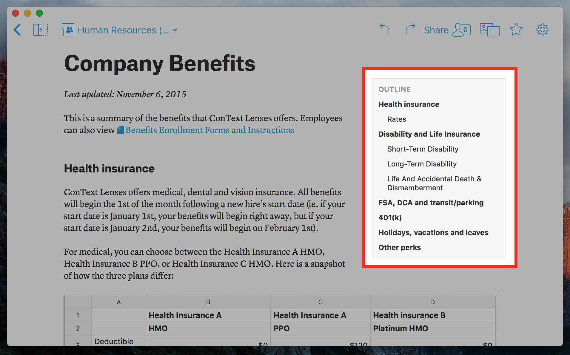 Quip Introducing document outlines Clickable table of contents for