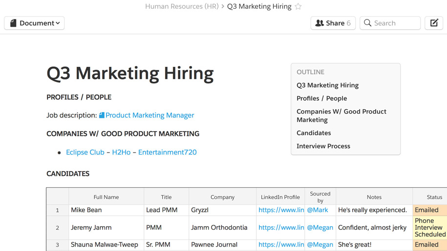 Track candidates in Quip